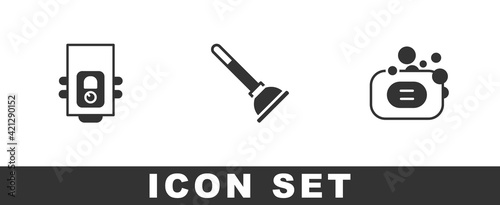 Set Gas boiler, Rubber plunger and Bar of soap icon. Vector