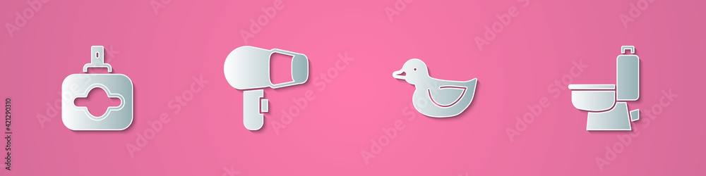 Set paper cut Perfume, Hair dryer, Rubber duck and Toilet bowl icon. Paper art style. Vector Set paper cut Perfume, Hair dryer, Rubber duck and Toilet bowl icon. Paper art style. Vector