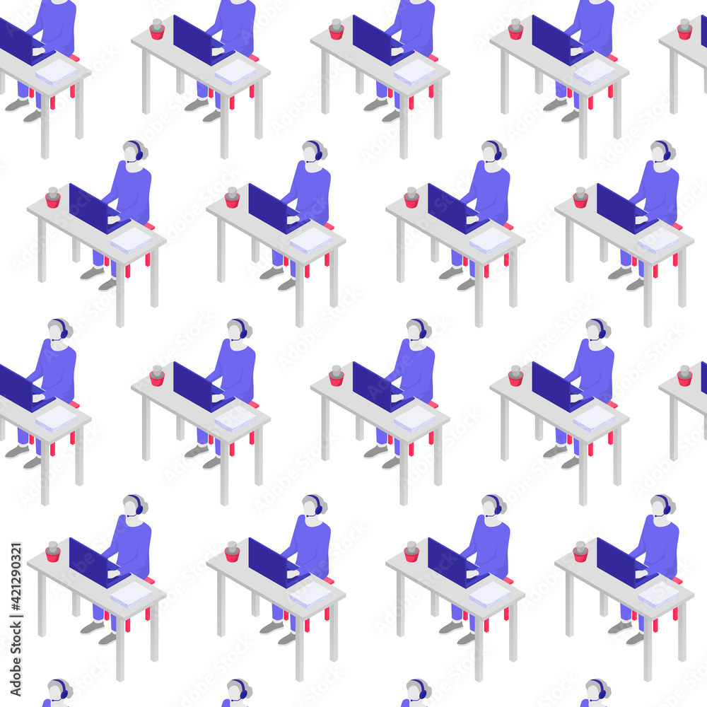© Богдан Скрипник - Support service consultation isometric seamless pattern. Character in blue uniform with headphones behind laptop gives advice sales manager talks vector client. © Богдан Скрипник - Support service consultation isometric seamless pattern. Character in blue uniform with headphones behind laptop gives advice sales manager talks vector client.