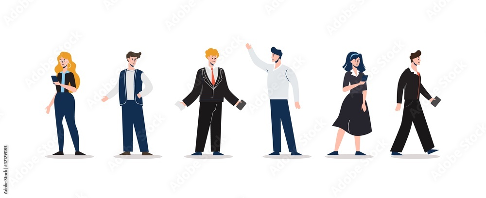 Business people busy with work. Female and male characters in formal suits chat watch online mail energetic lifestyle and commercial vector solutions.