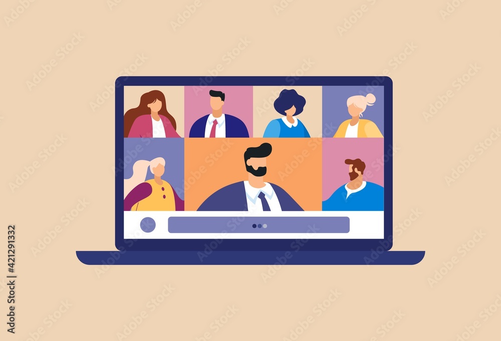 Online video conference. Business team webinar on laptop with virtual discussion and work remote conversation of group vector friends.