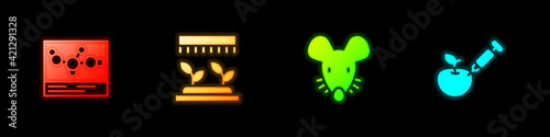 Set Chemical formula, Automatic irrigation sprinklers, Experimental mouse and Genetically modified apple icon. Vector