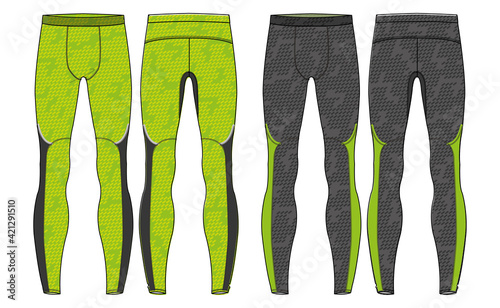 Compression Tights Pants design vector template, Base layer Performance bottom concept with front and back view for running, jogging, fitness, and active wear pants design.