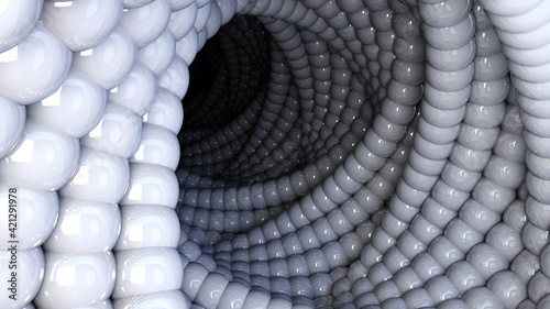Abstract background with 3D vortex hole made of glossy balls or bubbles for wallpaper or cover. 3D illustration.