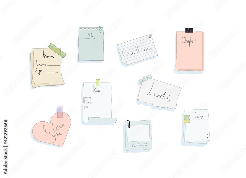 Reminder paper stickers on wall. Messages red and wishes about green planned affairs and yellow actions on vector sheets torn from notebook. Reminder paper stickers on wall. Messages red and wishes about green planned affairs and yellow actions on vector sheets torn from notebook.