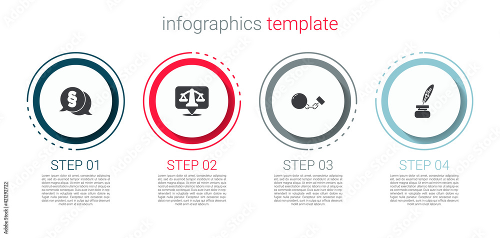 Set Law, Scales of justice, Ball on chain and Feather and inkwell. Business infographic template. Vector Set Law, Scales of justice, Ball on chain and Feather and inkwell. Business infographic template. Vector