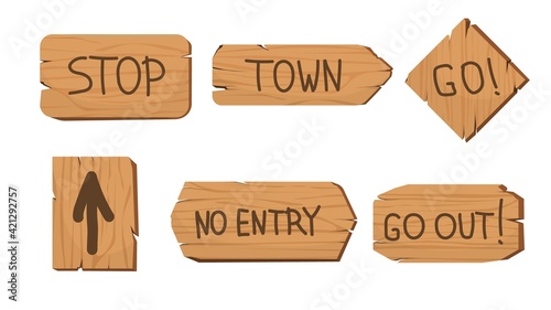 Vintage wooden signboards pointers. Old billboards with stop and no entry announcements and information brown wood texture with vector direction.