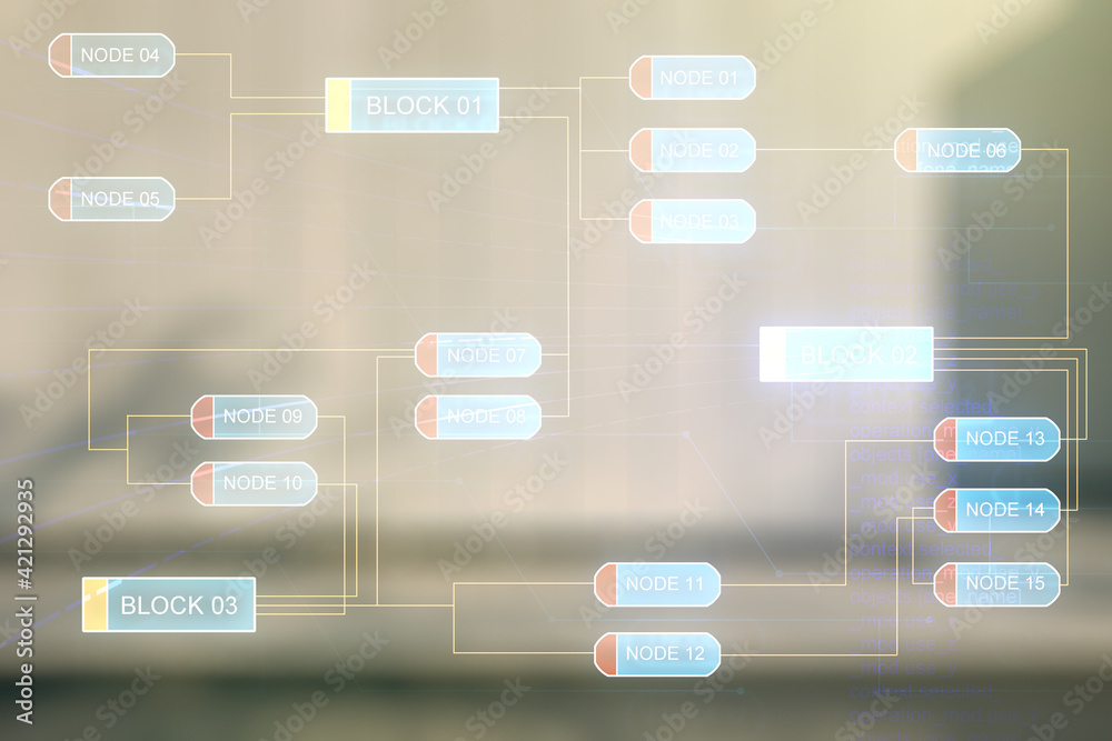 Double exposure of abstract programming language interface on modern business center exterior background, research and development concept Double exposure of abstract programming language interface on modern business center exterior background, research and development concept