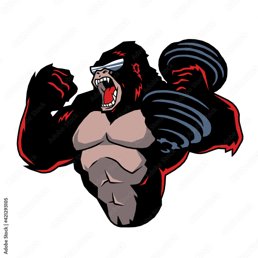 Angry gorilla with dumbbell, vector, logo, cartoon, mascot ...