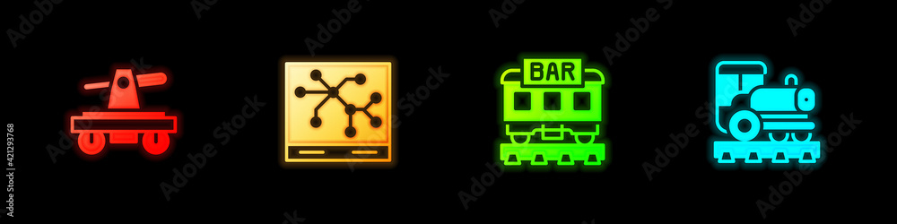Set Draisine or handcar, Railway map, Restaurant train and Vintage locomotive icon. Vector Set Draisine or handcar, Railway map, Restaurant train and Vintage locomotive icon. Vector