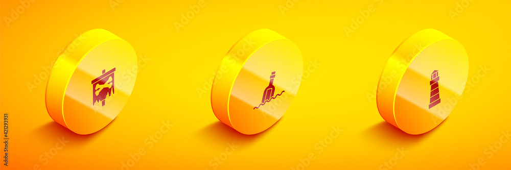 Set Isometric Pirate flag, Bottle with message in water and Lighthouse icon. Vector Set Isometric Pirate flag, Bottle with message in water and Lighthouse icon. Vector