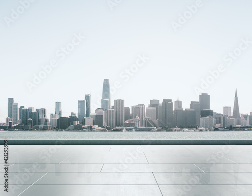 Empty concrete embankment on the background of beautiful San Francisco skyline at daytime, mockup