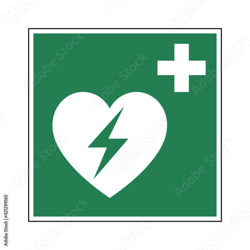 Automated external heart defibrillator sign. Vector illustration of green square sign with heart with lightning bolt in the middle. AED symbol isolated on white background.