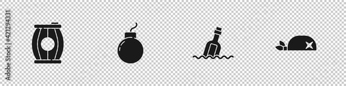 Set Gun powder barrel, Bomb ready to explode, Bottle with message in water and Pirate bandana for head icon. Vector