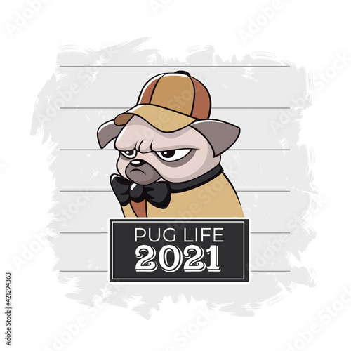 Life of disgruntled pug in 2021. Gloomy cute dog dressed in suit with baseball cap looks distrustfully aside funny sketch vector pet.