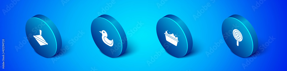 Set Isometric Whirligig toy, Baby bathtub, Lollipop and Rubber duck icon. Vector Set Isometric Whirligig toy, Baby bathtub, Lollipop and Rubber duck icon. Vector