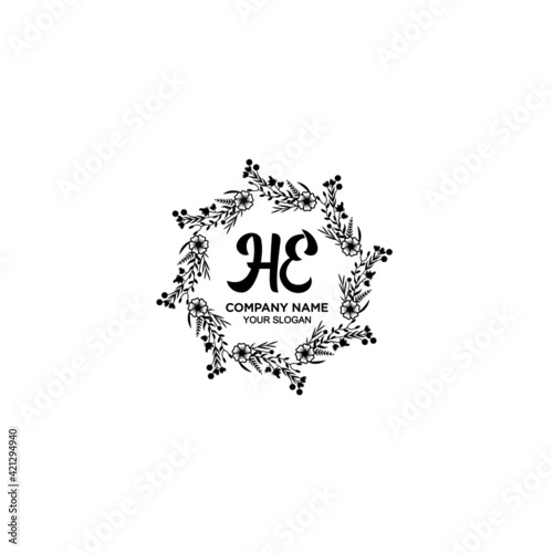 HE initial letters Wedding monogram logos, hand drawn modern minimalistic and frame floral templates