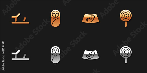 Set Baby shoes, Newborn baby infant swaddled, Ultrasound of and Lollipop icon. Vector