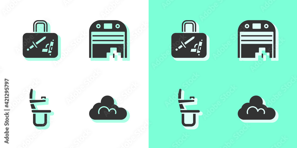 Set Cloud weather, Suitcase, Airplane seat and Aircraft hangar icon. Vector Set Cloud weather, Suitcase, Airplane seat and Aircraft hangar icon. Vector