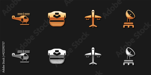 Set Helicopter, Pilot hat, Plane and Radar icon. Vector