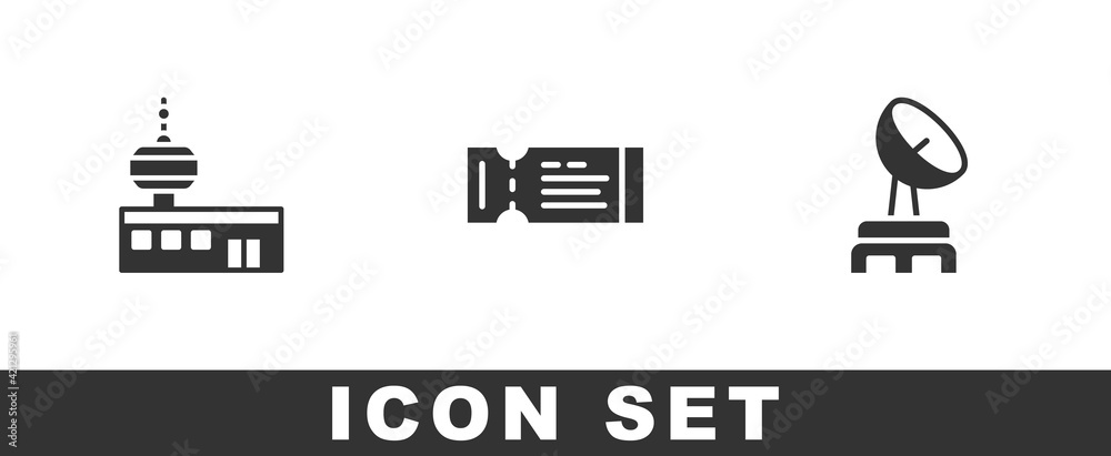 Set Airport control tower, Airline ticket and Radar icon. Vector Set Airport control tower, Airline ticket and Radar icon. Vector