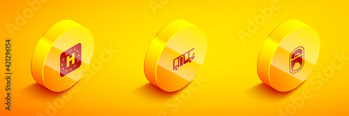 Set Isometric Helicopter landing pad, Airport bus and Airplane window icon. Vector