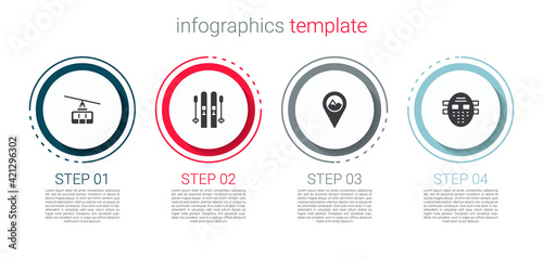 Set Cable car, Ski and sticks, Location with mountain and Hockey mask. Business infographic template. Vector