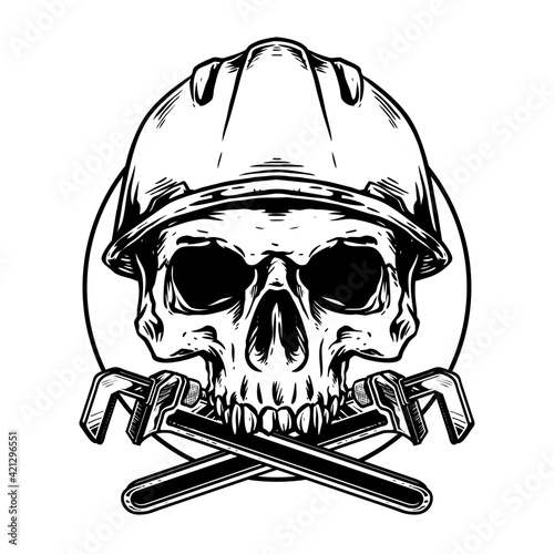 skull with wrench and safety helmet vector