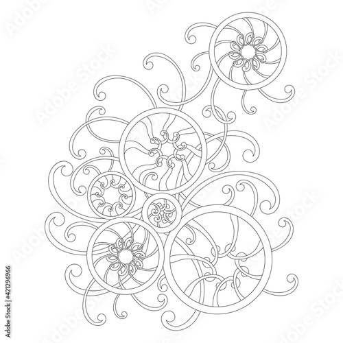 Coloring book for older children. Round abstract doodle elements and swirls on a white background