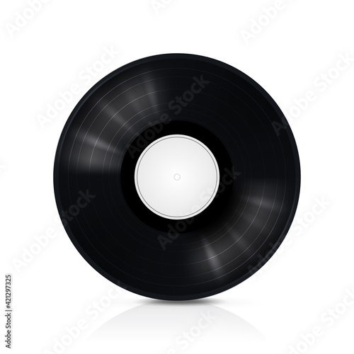 Black musical vinyl record. Vector image with reflection on white background