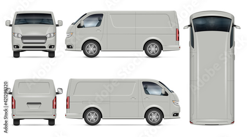 Van vector mockup on white background for vehicle branding, corporate identity. View from side, front, back, top. All elements in the groups on separate layers for easy editing and recolor