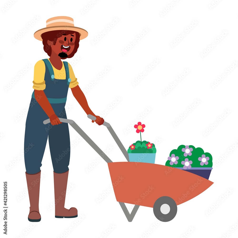 Man with flowers in a wheelbarrow - Vector Man with flowers in a wheelbarrow - Vector