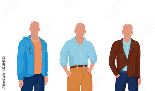 Mens clothing styles. Stylish modern fashion with jacket buttoned up one button and loose jacket sweatshirt blue shirt with yellow vector jeans.