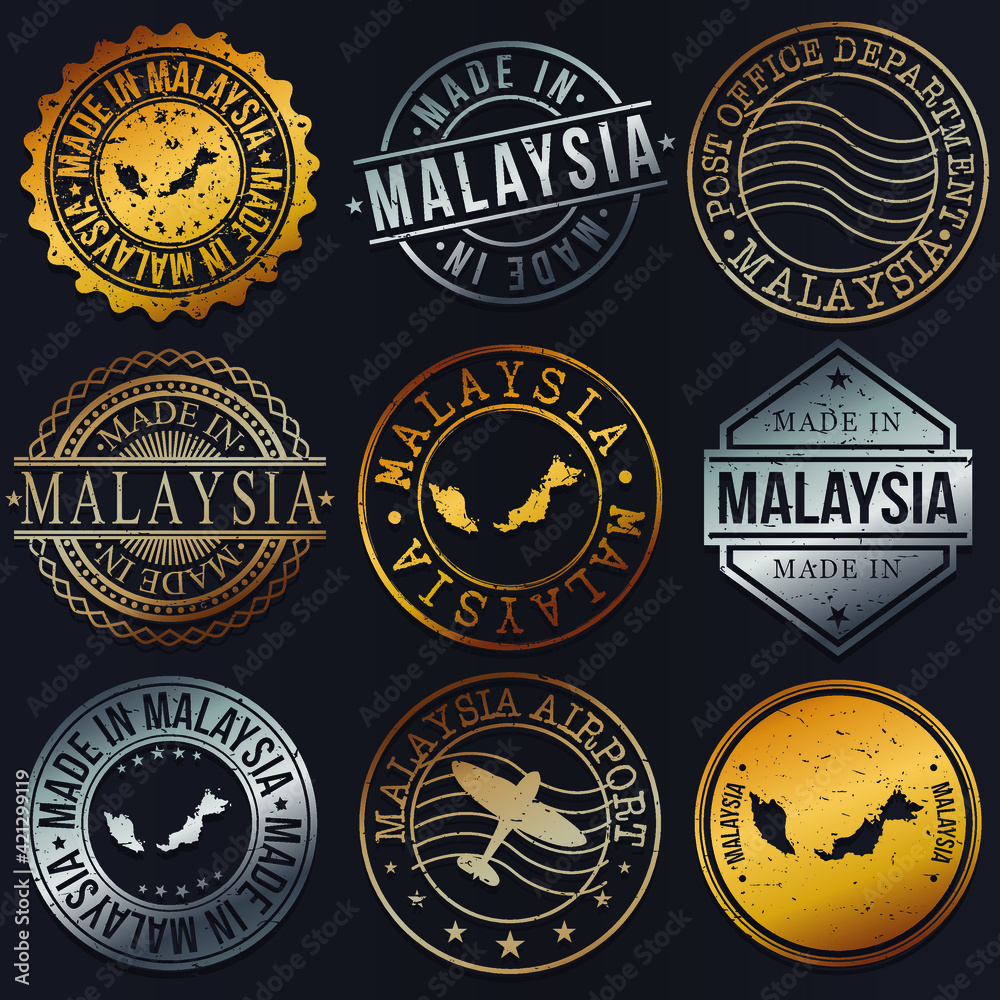 Malaysia Business Metal Stamps. Gold Made In Product Seal. National Logo Icon. Symbol Design Insignia Country.