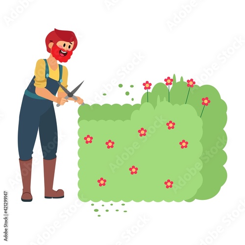 Isolated man cutting a bush - Vector illustration