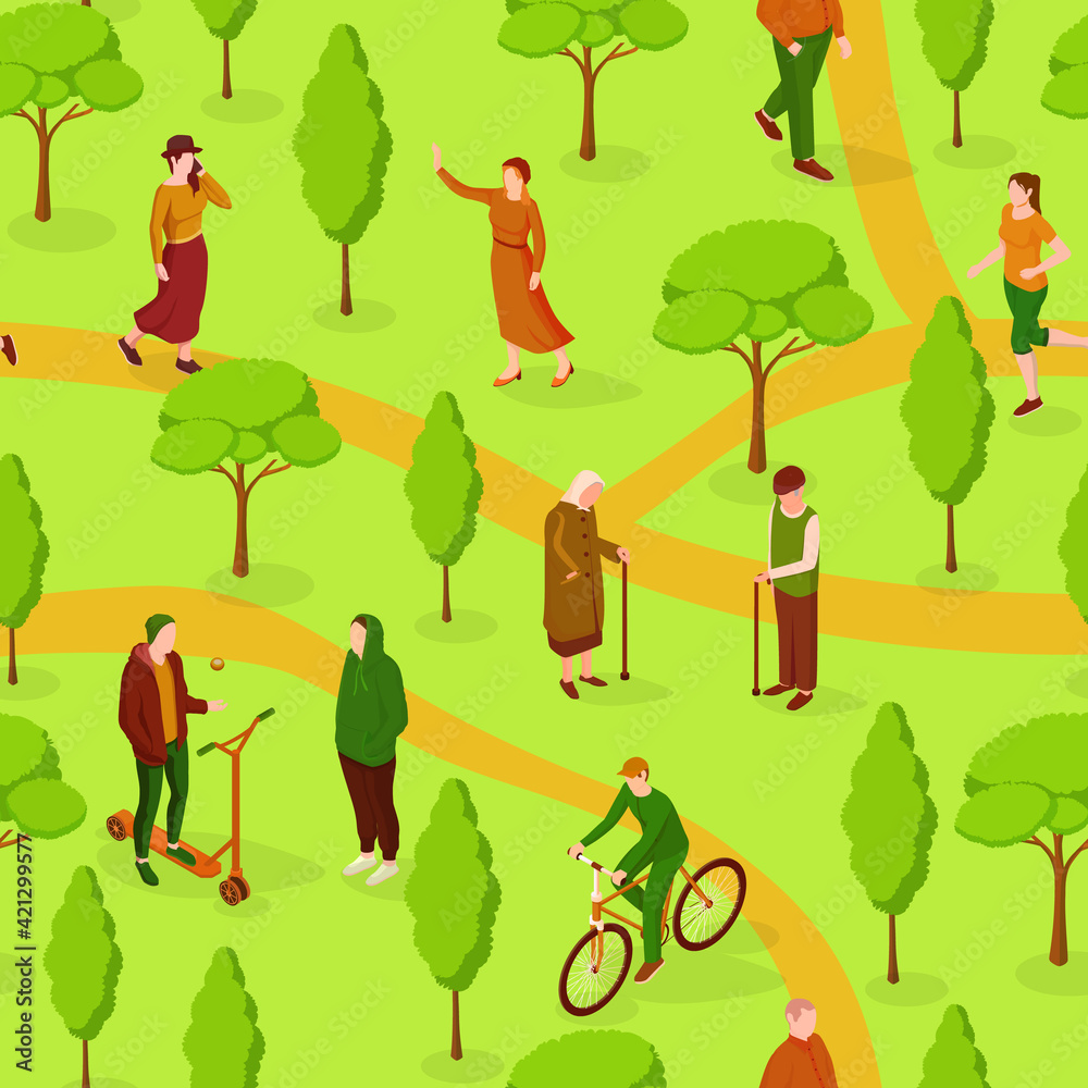 People walk in park isometric seamless pattern. Elderly male and female character with sticks walking between green trees guys ride orange scooter and vector bike.