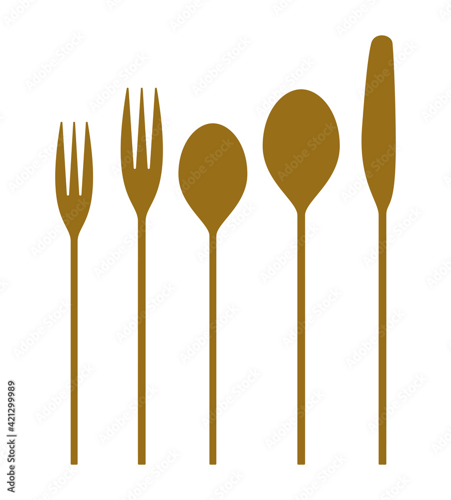 Cutlery set of five pieces in golden color, forks, spoons and a knife. Tableware icons isolated on transparent background Cutlery set of five pieces in golden color, forks, spoons and a knife. Tableware icons isolated on transparent background