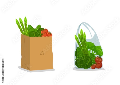 Paper and cellophane bag with vegetables clipart. Yellow eco bag filled red tomatoes and lettuce polyethylene chemical bag with transparent vector surface.