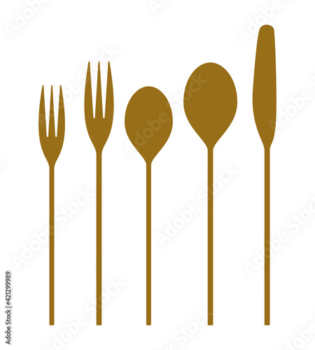 Cutlery set of five pieces in golden color, forks, spoons and a knife. Tableware icons isolated on transparent background