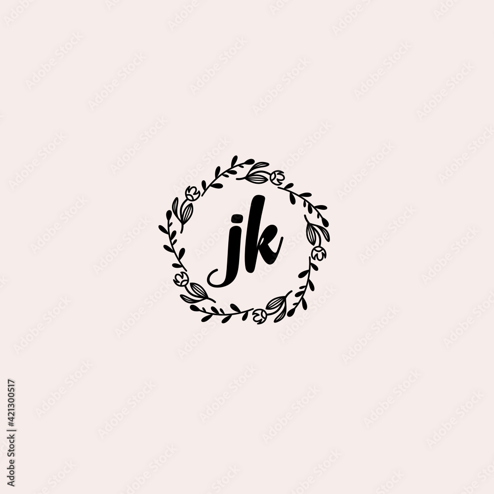 JK initial letters Wedding monogram logos, hand drawn modern minimalistic and frame floral templates