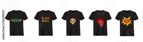 Black tshirts with drawings set. Green rock demon skull with red horns and tail red plump lips with protruding tongue yellow symbolism vector explosion.