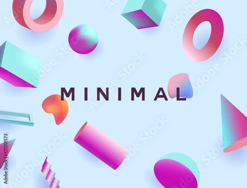 Fuzz geometric shapes minimal background. Red ring with flying blue balls and orange cone bright cubes hemispheres and vector polygons.