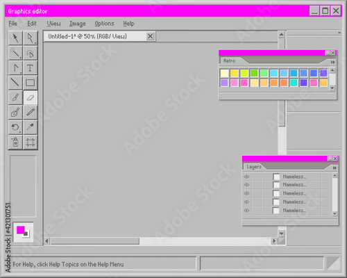 Retro graphic editor interface. Custom old drawing and web art program with color display online tools software for designers and vector illustrators.