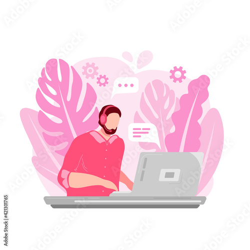 Flat character. Call center worker. Male operator, online support service. Flat vector illustration.
