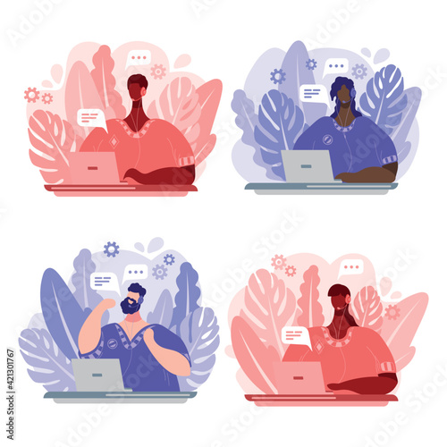 Call center and support service workers. Flat design people characters.