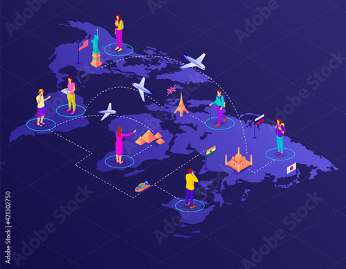 World map with routes and tourists isometric illustration. Travel to global adventure landmarks plane and hiking vector tourism.