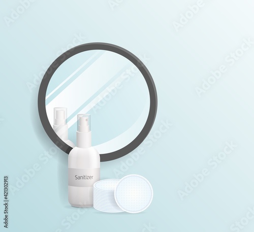 Sanitizer next mirror and cotton swabs wipe skin. Realistic antiseptic disinfectant for elimination bacteria and vector viruses .