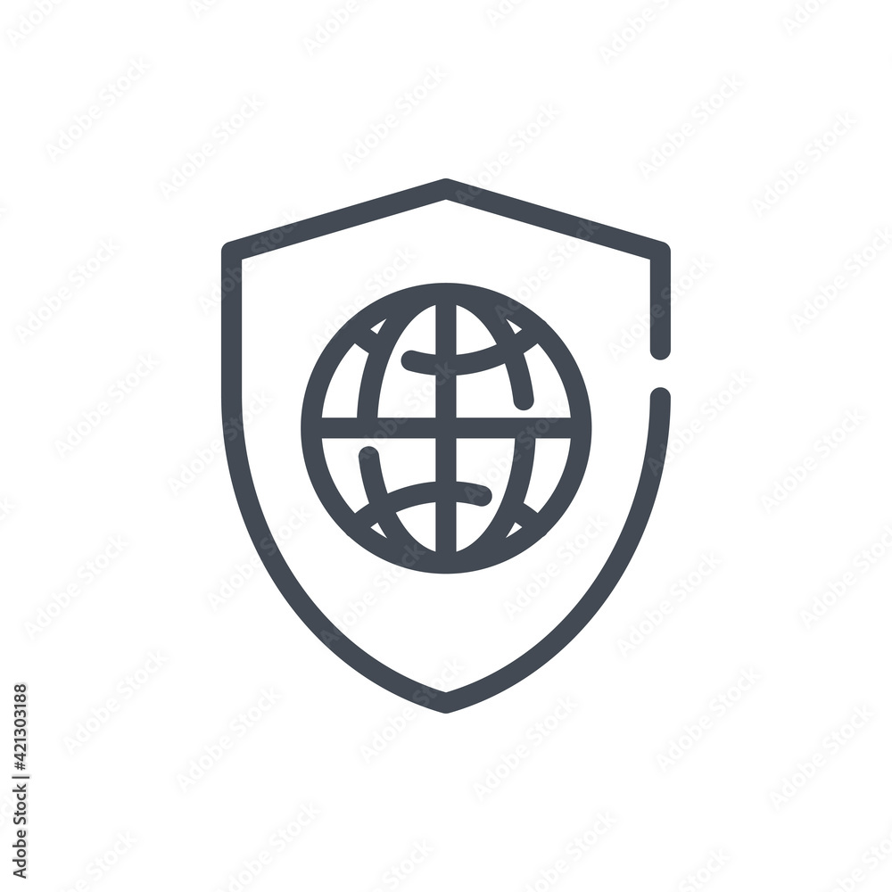 Shield with globe line icon. International insurance and World protection vector outline sign. Shield with globe line icon. International insurance and World protection vector outline sign.