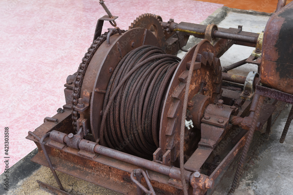 rusty wire rope sling on crane reel drum . winch roll of crane the ...