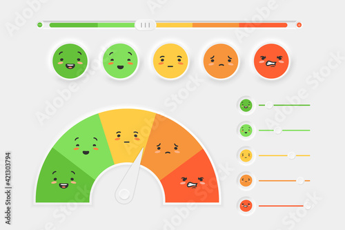 Meter mood and emotions with slider setting. Semicircle from red horrible mood and orange sad to green happy. Cool yellow faces with changing vector feelings.
